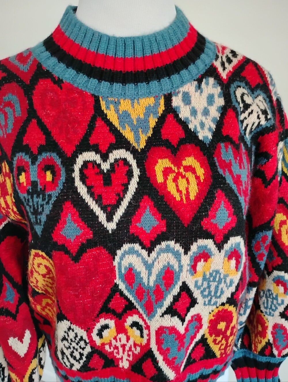 Farm Rio Heart Ikat Red Multi Color Knit Sweater Size M - Picture 3 of 9